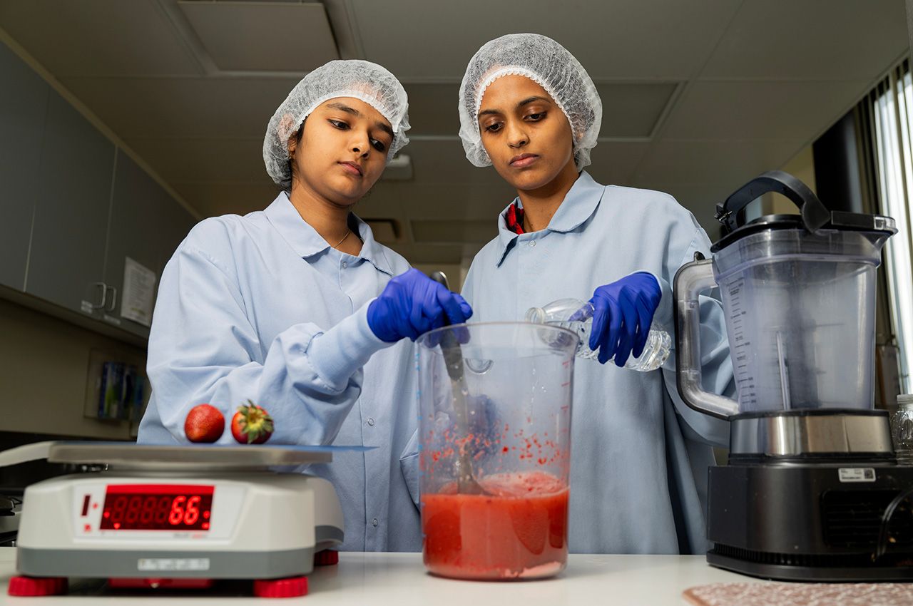 Two students using lab equipment in food science and nutrition lab