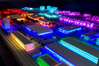 A model depicting one of Illinois Tech’s signature initiatives, the campus microgrid, on display in the Robert W. Galvin Center for Electricity Innovation