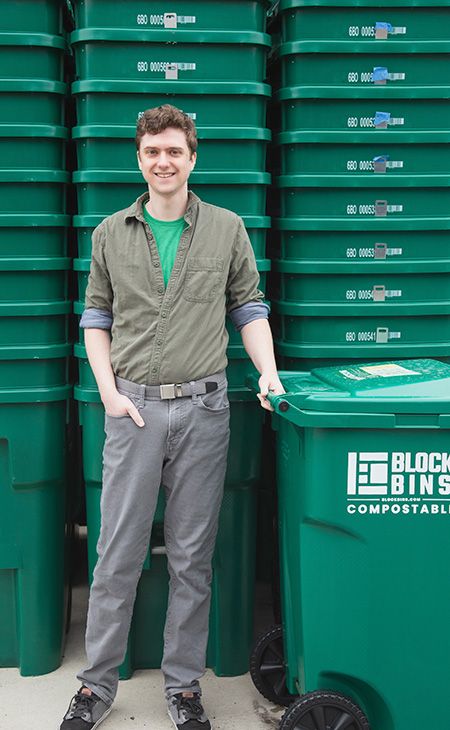 Illinois Tech Dane Christianson poses with the bins for his business, Block Bins