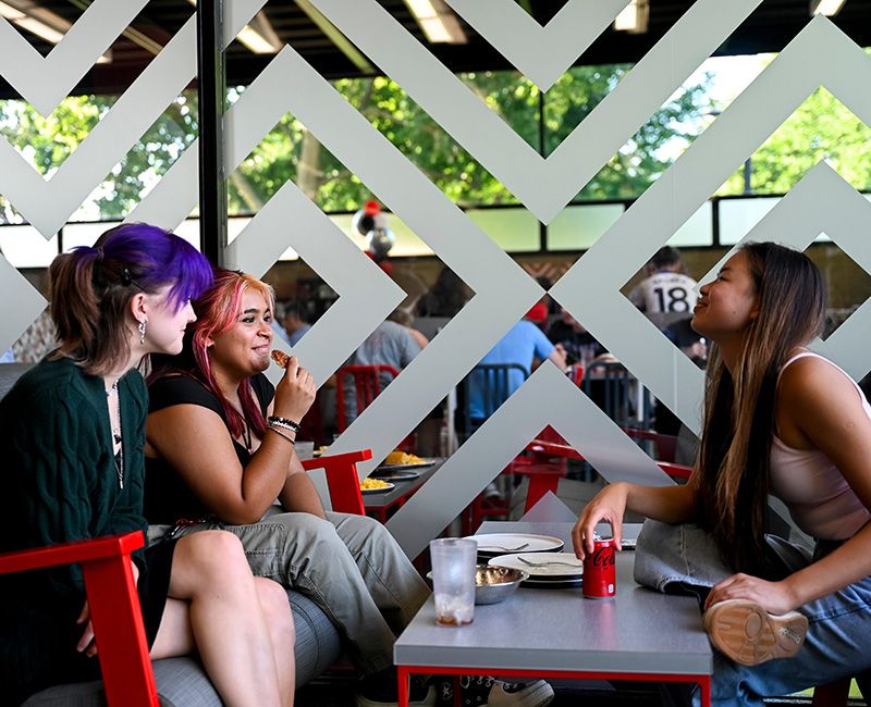 Illinois Tech students talk while eating in The Commons